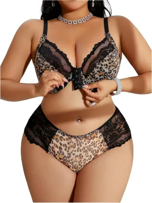 WDIRARA Women's Plus Size 2 Piece Lace Leopard Print Lingerie Set Front Closure Underwire Bra Panty Sets