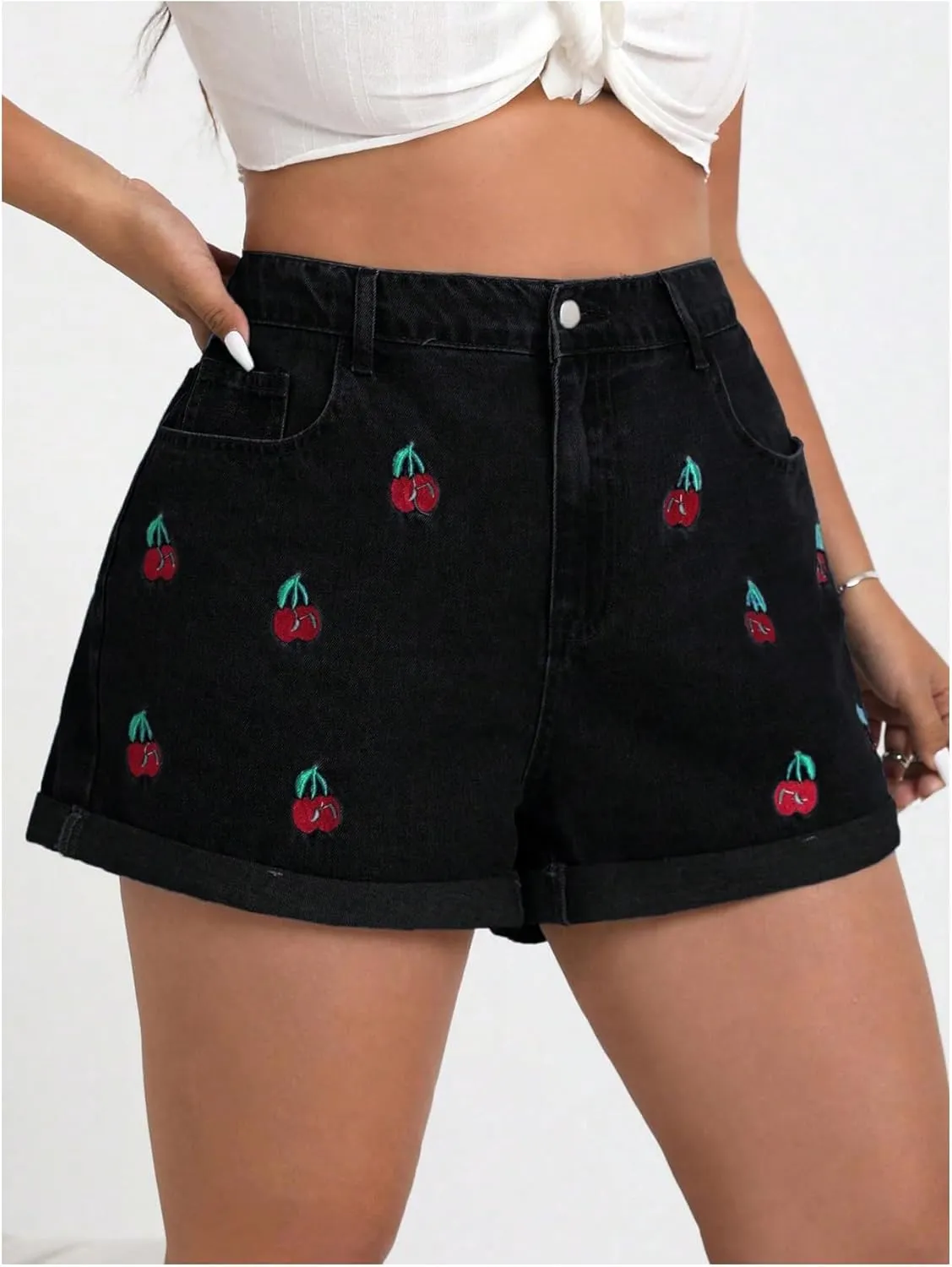 WDIRARA Women's Plus Size Cherry Embroidery Wide Leg Denim Shorts High Waist Rolled Hem Shorts