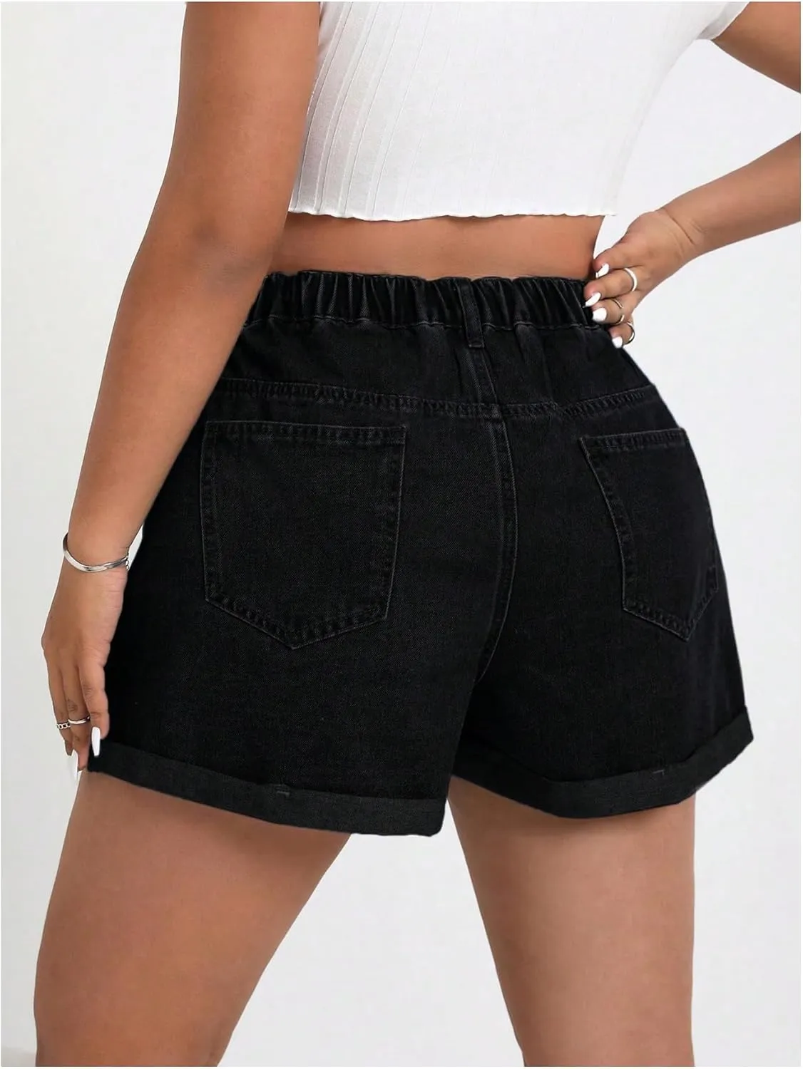WDIRARA Women's Plus Size Cherry Embroidery Wide Leg Denim Shorts High Waist Rolled Hem Shorts