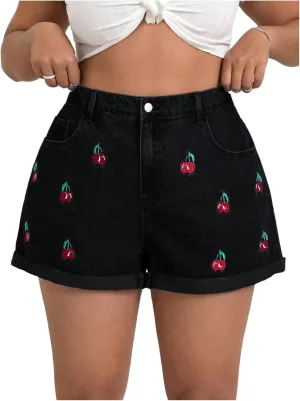 WDIRARA Women's Plus Size Cherry Embroidery Wide Leg Denim Shorts High Waist Rolled Hem Shorts