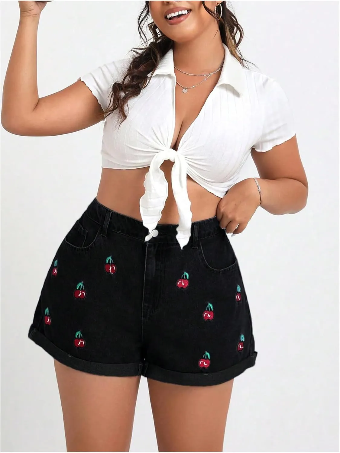 WDIRARA Women's Plus Size Cherry Embroidery Wide Leg Denim Shorts High Waist Rolled Hem Shorts