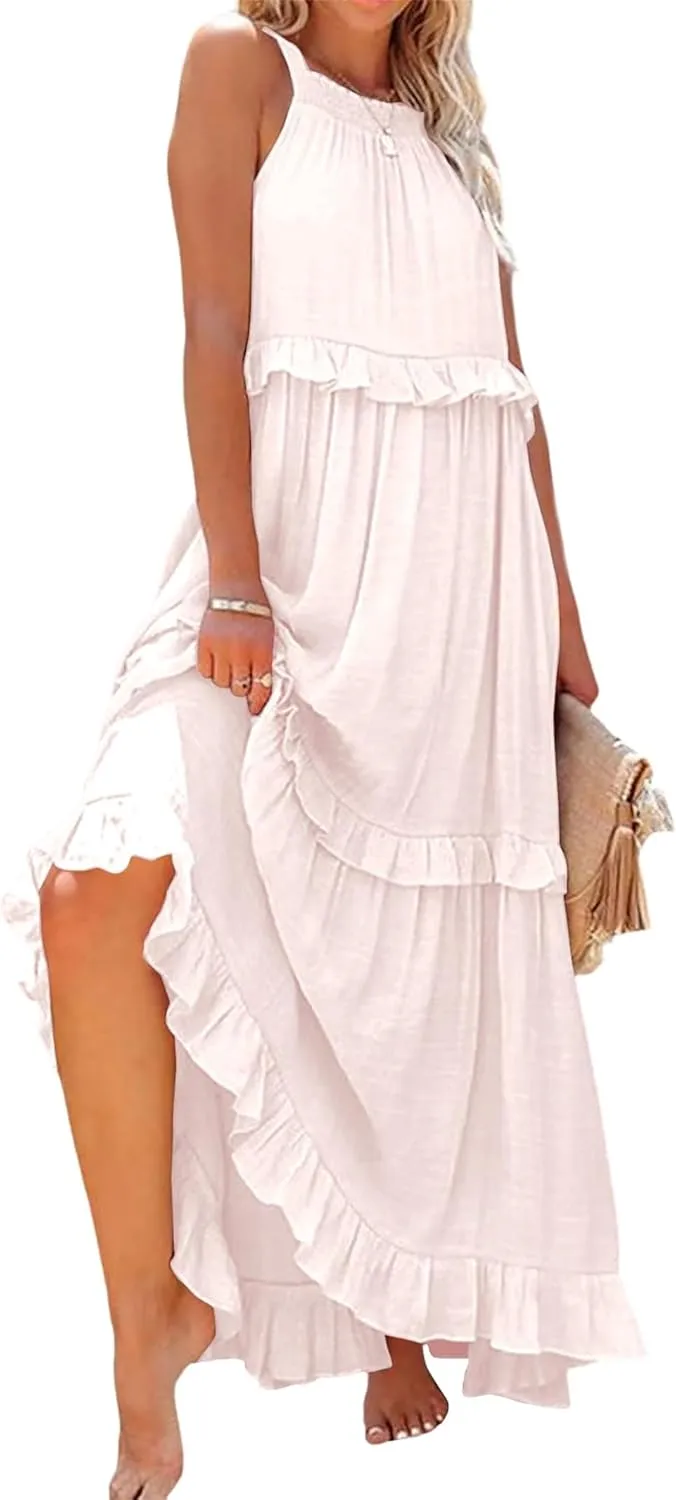 Wedding Guest Dress for Women Sleeveless Tank Tops Maxi Dress Ruffle Tiered Fashion Dresses Casual Layered Dresses