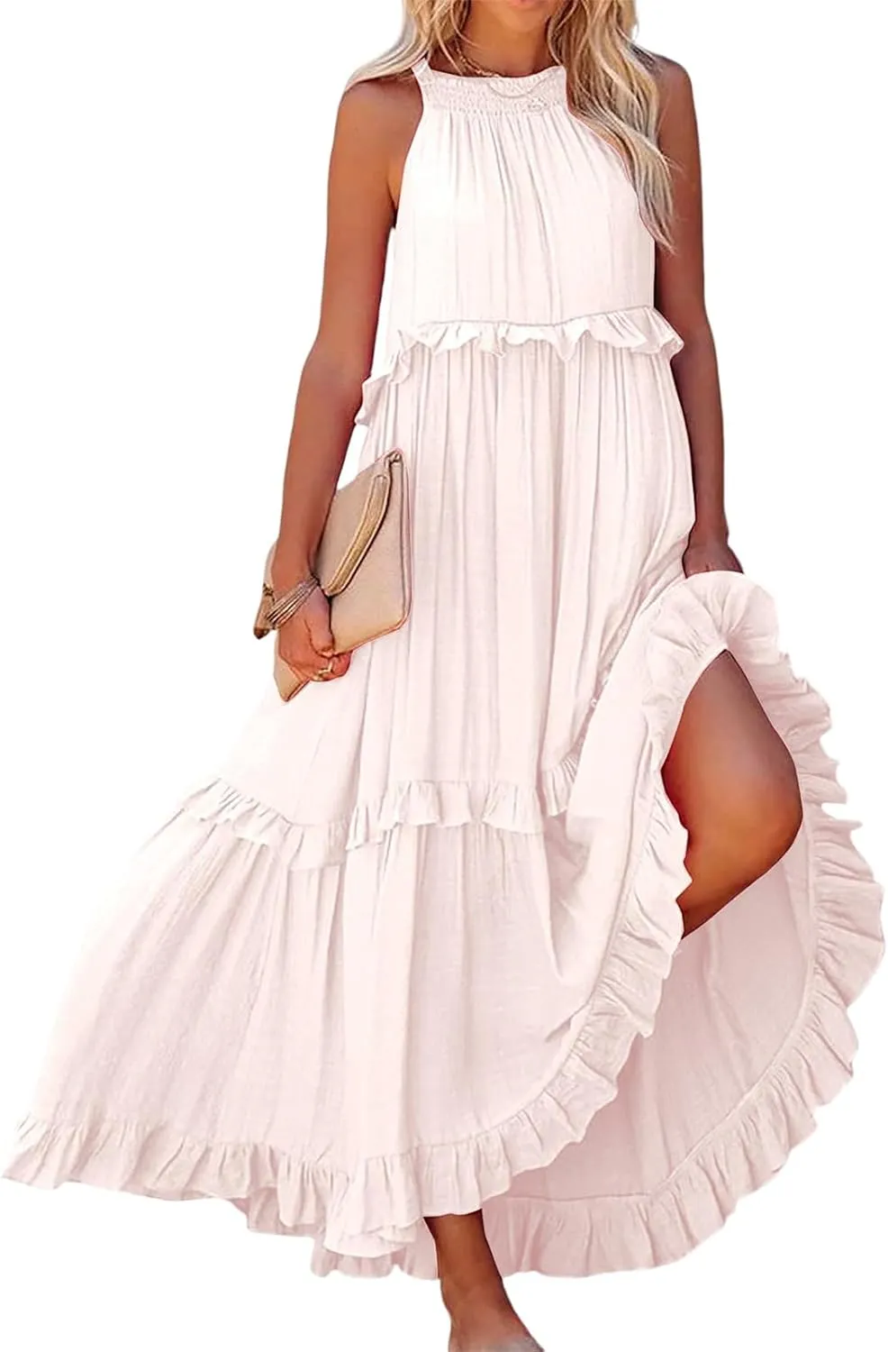 Wedding Guest Dress for Women Sleeveless Tank Tops Maxi Dress Ruffle Tiered Fashion Dresses Casual Layered Dresses