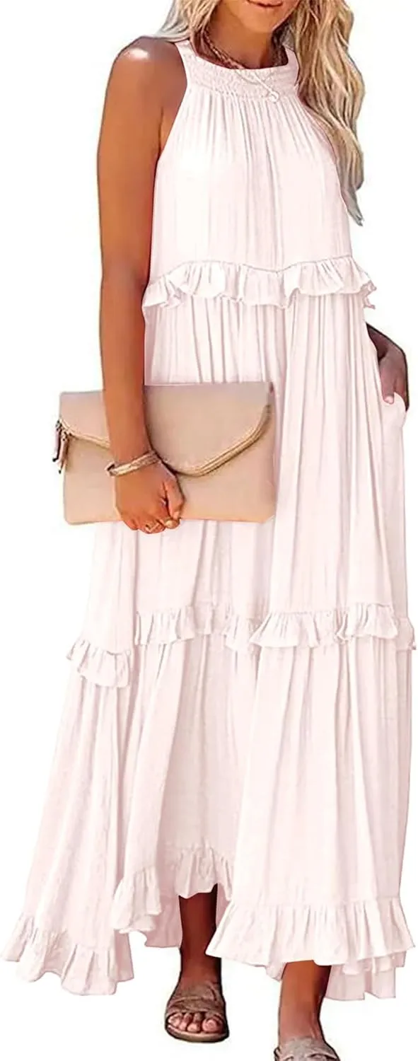 Wedding Guest Dress for Women Sleeveless Tank Tops Maxi Dress Ruffle Tiered Fashion Dresses Casual Layered Dresses