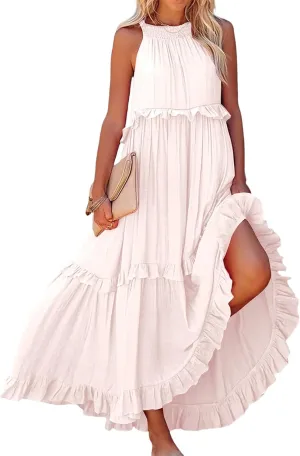 Wedding Guest Dress for Women Sleeveless Tank Tops Maxi Dress Ruffle Tiered Fashion Dresses Casual Layered Dresses