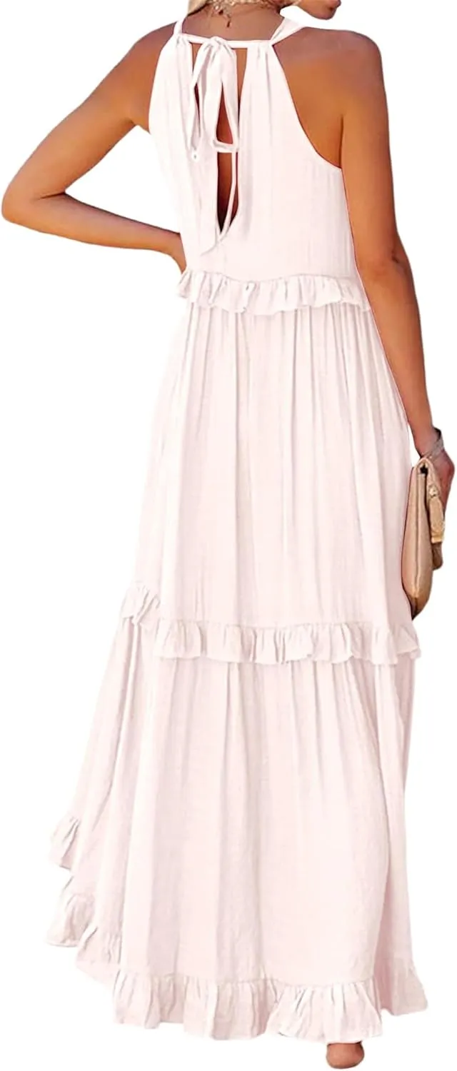 Wedding Guest Dress for Women Sleeveless Tank Tops Maxi Dress Ruffle Tiered Fashion Dresses Casual Layered Dresses