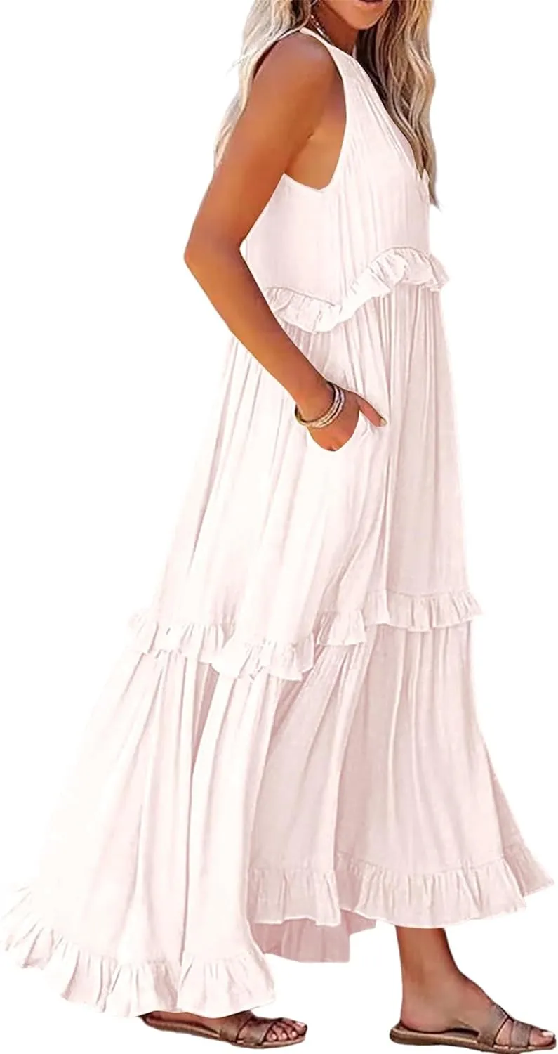 Wedding Guest Dress for Women Sleeveless Tank Tops Maxi Dress Ruffle Tiered Fashion Dresses Casual Layered Dresses