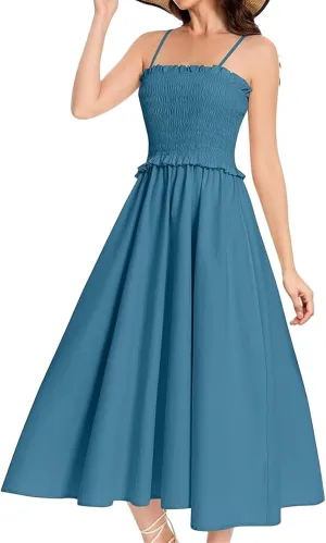 Wedding Guest Dress for Women Summer Maxi Dress Spaghetti Strap High Waist Dresses A Line Smocked Beach Dresses