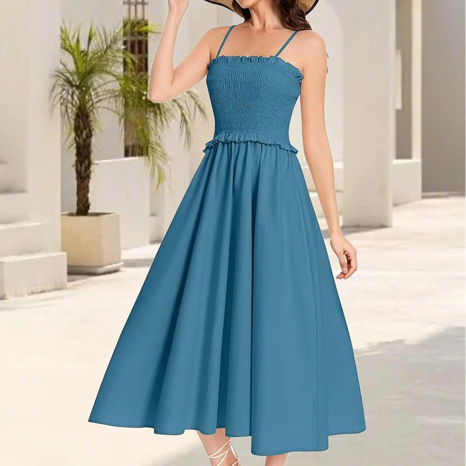 Wedding Guest Dress for Women Summer Maxi Dress Spaghetti Strap High Waist Dresses A Line Smocked Beach Dresses