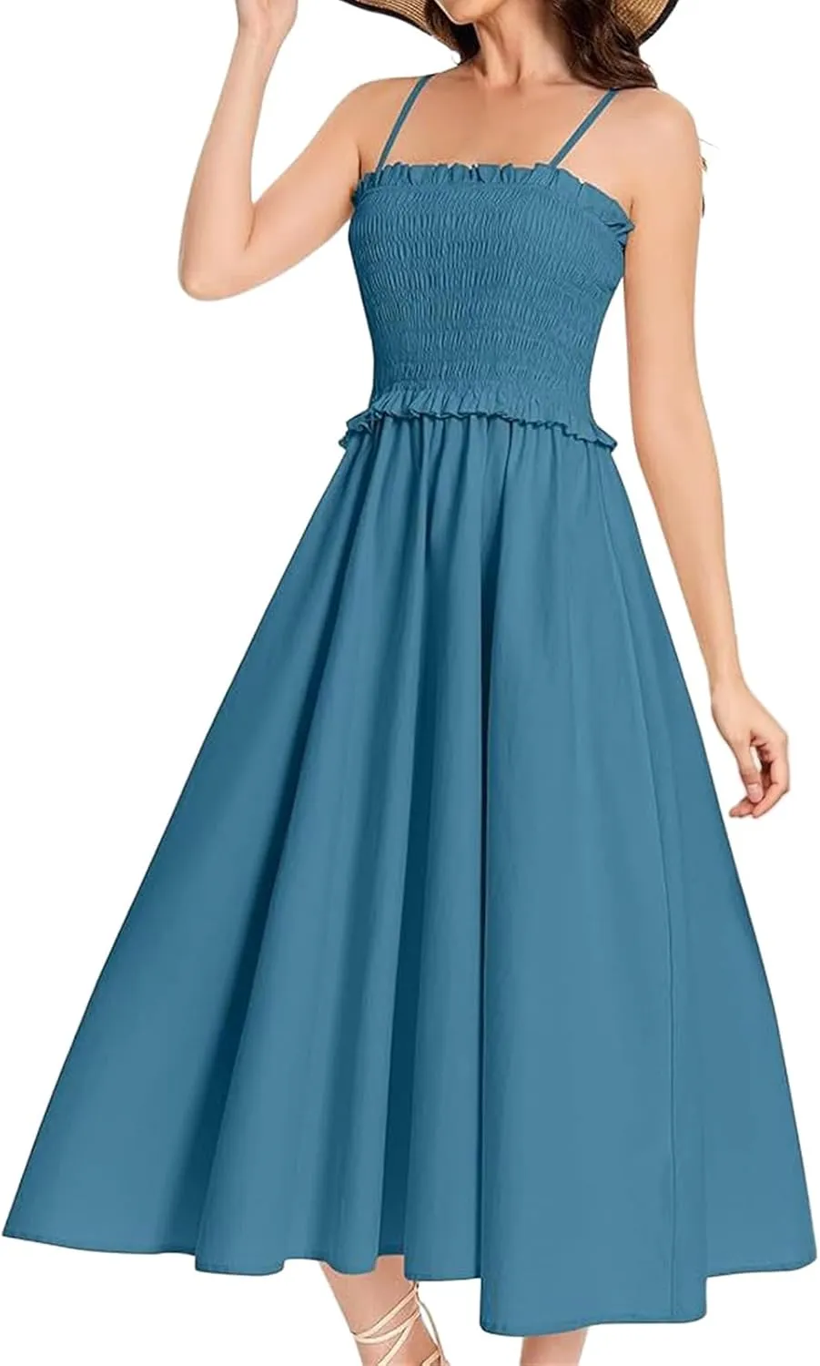 Wedding Guest Dress for Women Summer Maxi Dress Spaghetti Strap High Waist Dresses A Line Smocked Beach Dresses