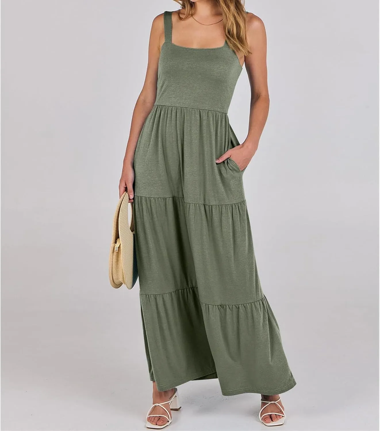 Wedding Guest Dress for Women Summer Sleeveless Tank Dress Solid Color Tiered Sundress Waist Wrop Formal Dresses