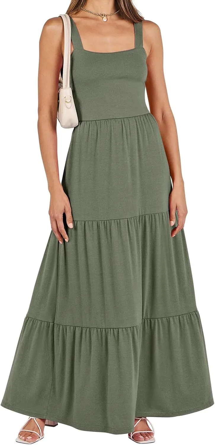 Wedding Guest Dress for Women Summer Sleeveless Tank Dress Solid Color Tiered Sundress Waist Wrop Formal Dresses