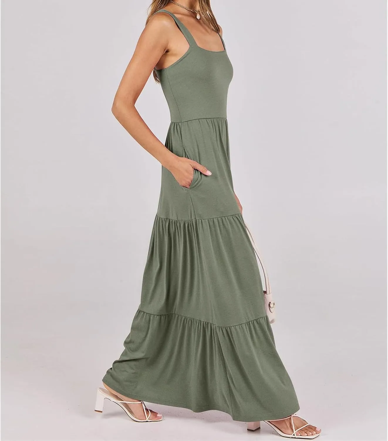 Wedding Guest Dress for Women Summer Sleeveless Tank Dress Solid Color Tiered Sundress Waist Wrop Formal Dresses