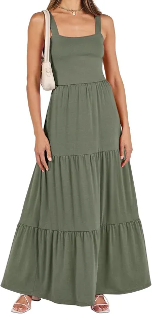 Wedding Guest Dress for Women Summer Sleeveless Tank Dress Solid Color Tiered Sundress Waist Wrop Formal Dresses