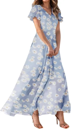 Woman Maxi Dresses Casual Summer Empire Waist Dress Floral Short Sleeve Chiffon Flowy Dresses