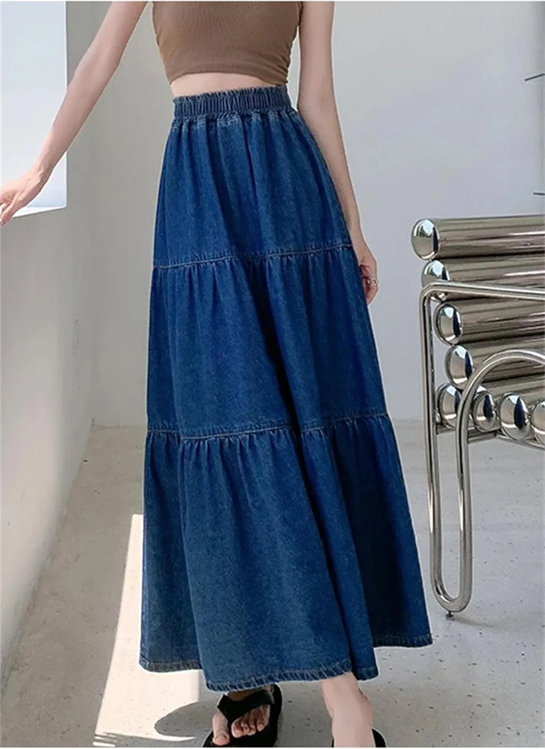 Women A-Line Half Body Cake Fluffy Umbrella Denim Skirt Baggy High Waist A-LINE Jeans Long Skirts