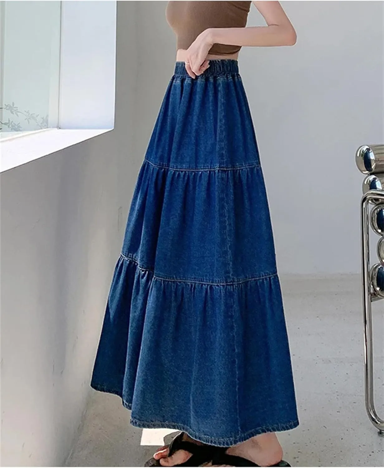 Women A-Line Half Body Cake Fluffy Umbrella Denim Skirt Baggy High Waist A-LINE Jeans Long Skirts
