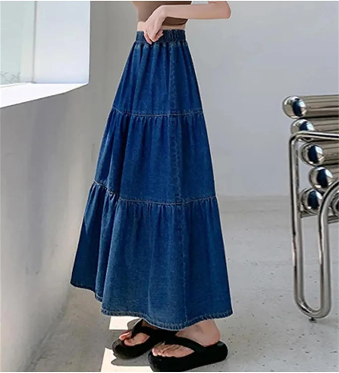 Women A-Line Half Body Cake Fluffy Umbrella Denim Skirt Baggy High Waist A-LINE Jeans Long Skirts