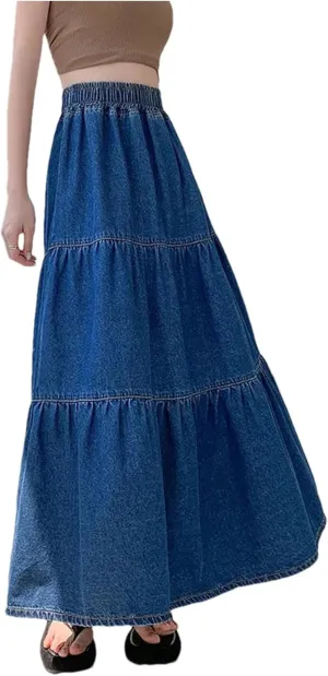 Women A-Line Half Body Cake Fluffy Umbrella Denim Skirt Baggy High Waist A-LINE Jeans Long Skirts