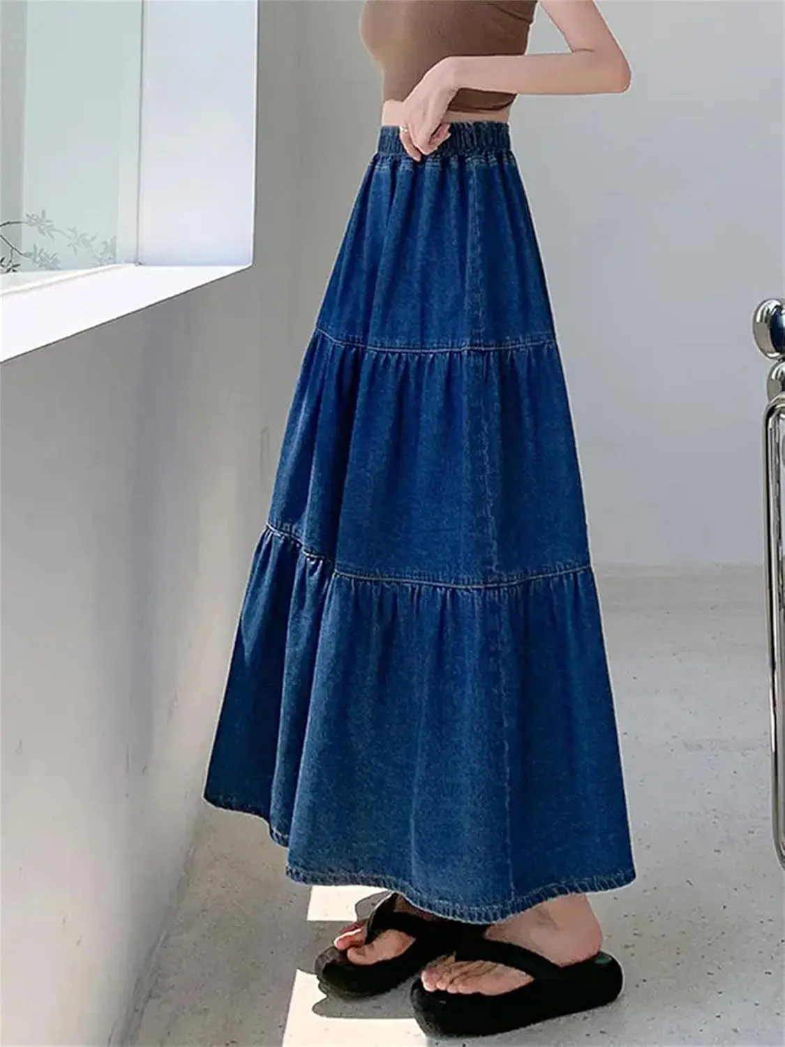Women A-Line Half Body Cake Fluffy Umbrella Denim Skirt Baggy High Waist A-LINE Jeans Long Skirts