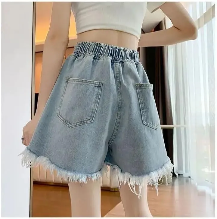 Women Big Size Denim Shorts Summer Thin Leg Wide Loose High Waist Tassel Shorts