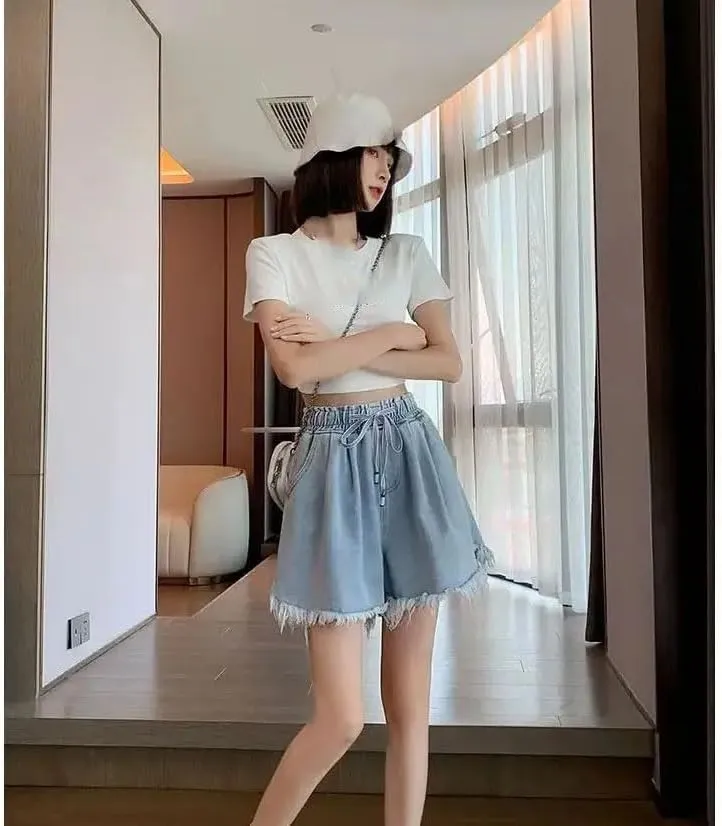 Women Big Size Denim Shorts Summer Thin Leg Wide Loose High Waist Tassel Shorts