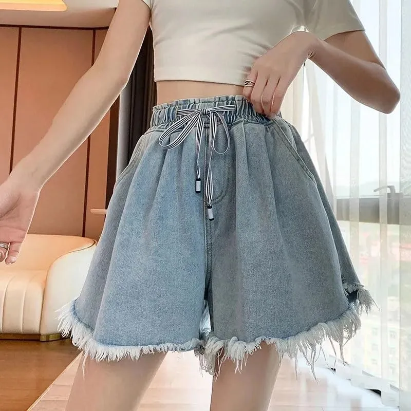 Women Big Size Denim Shorts Summer Thin Leg Wide Loose High Waist Tassel Shorts