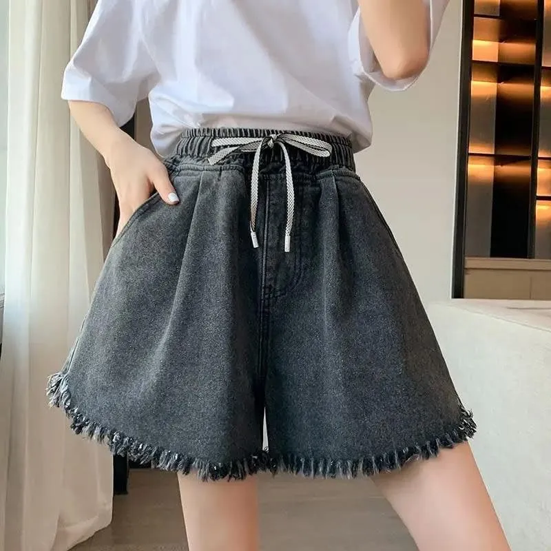Women Big Size Denim Shorts Summer Thin Leg Wide Loose High Waist Tassel Shorts