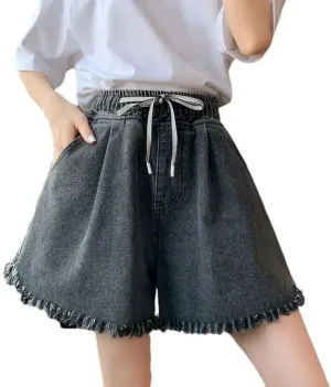 Women Big Size Denim Shorts Summer Thin Leg Wide Loose High Waist Tassel Shorts