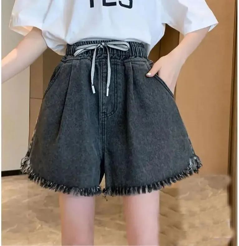 Women Big Size Denim Shorts Summer Thin Leg Wide Loose High Waist Tassel Shorts