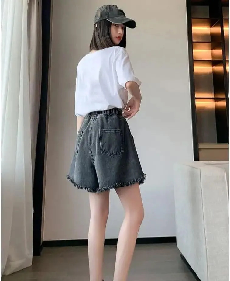 Women Big Size Denim Shorts Summer Thin Leg Wide Loose High Waist Tassel Shorts