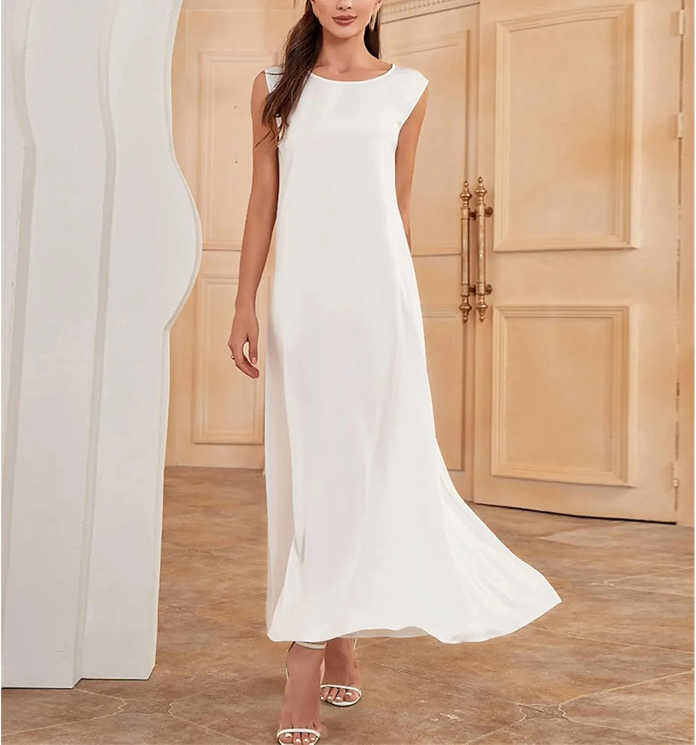 Women Casual Sleeveless Suspenders Cotton Linen Dress White Sleeveless Slip Dresses White Plain Clothing