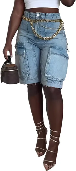 Women Denim Cargo Shorts, High Waisted Long Jean Shorts with Pockets