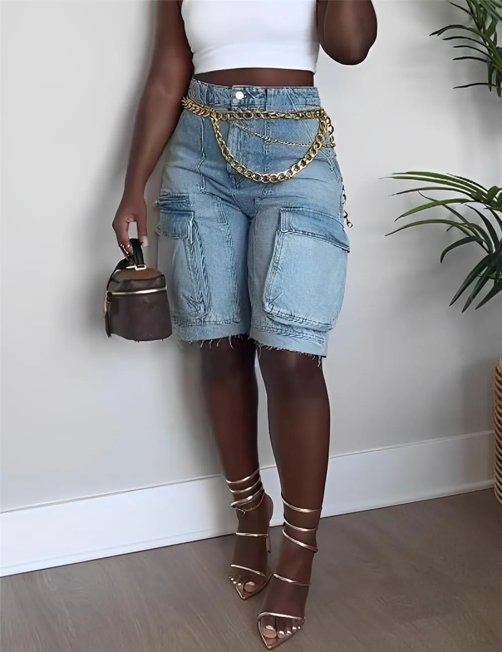 Women Denim Cargo Shorts, High Waisted Long Jean Shorts with Pockets