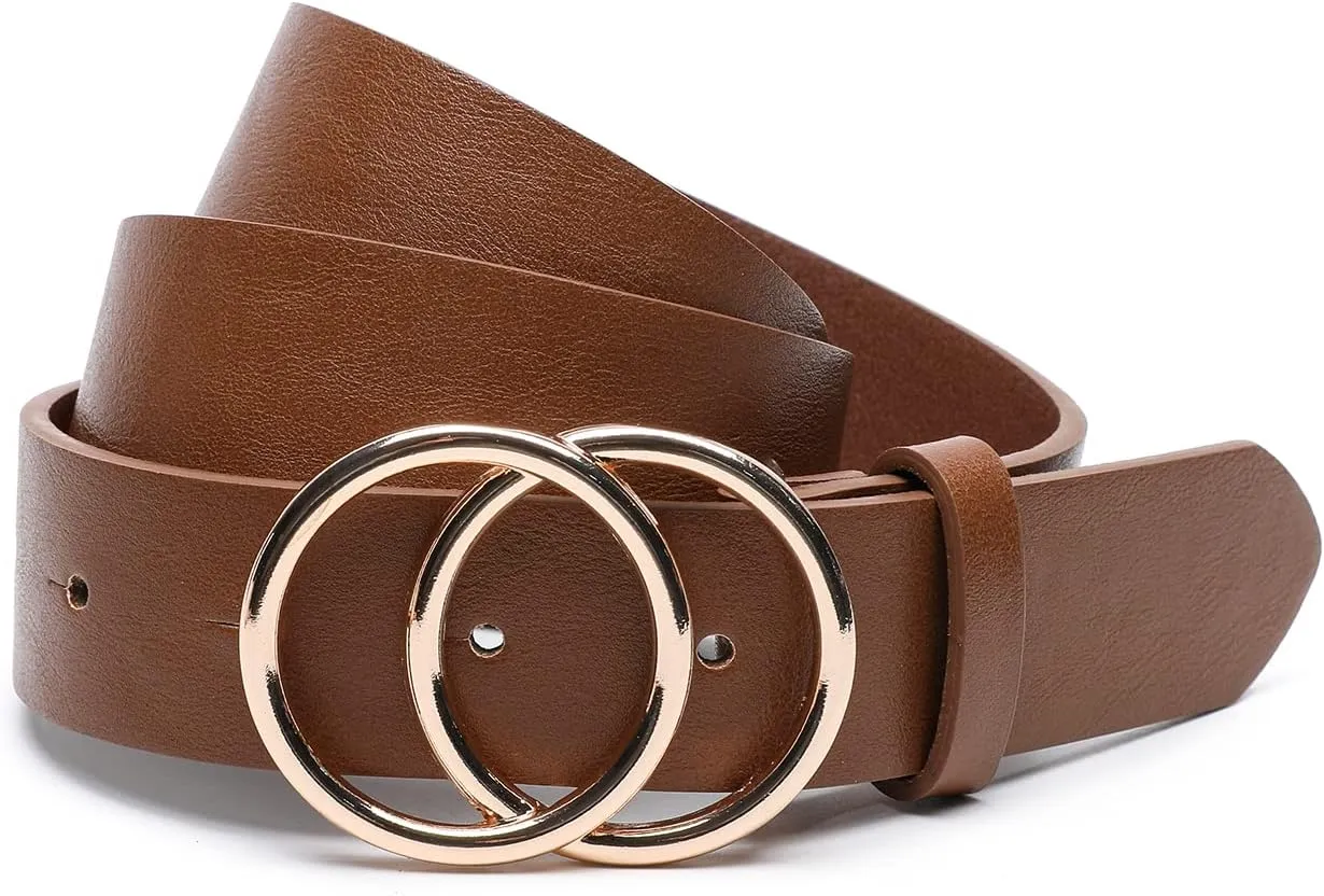 Women Faux Leather Belt for Jeans Dress Waist Belts with Gold Ring Buckle