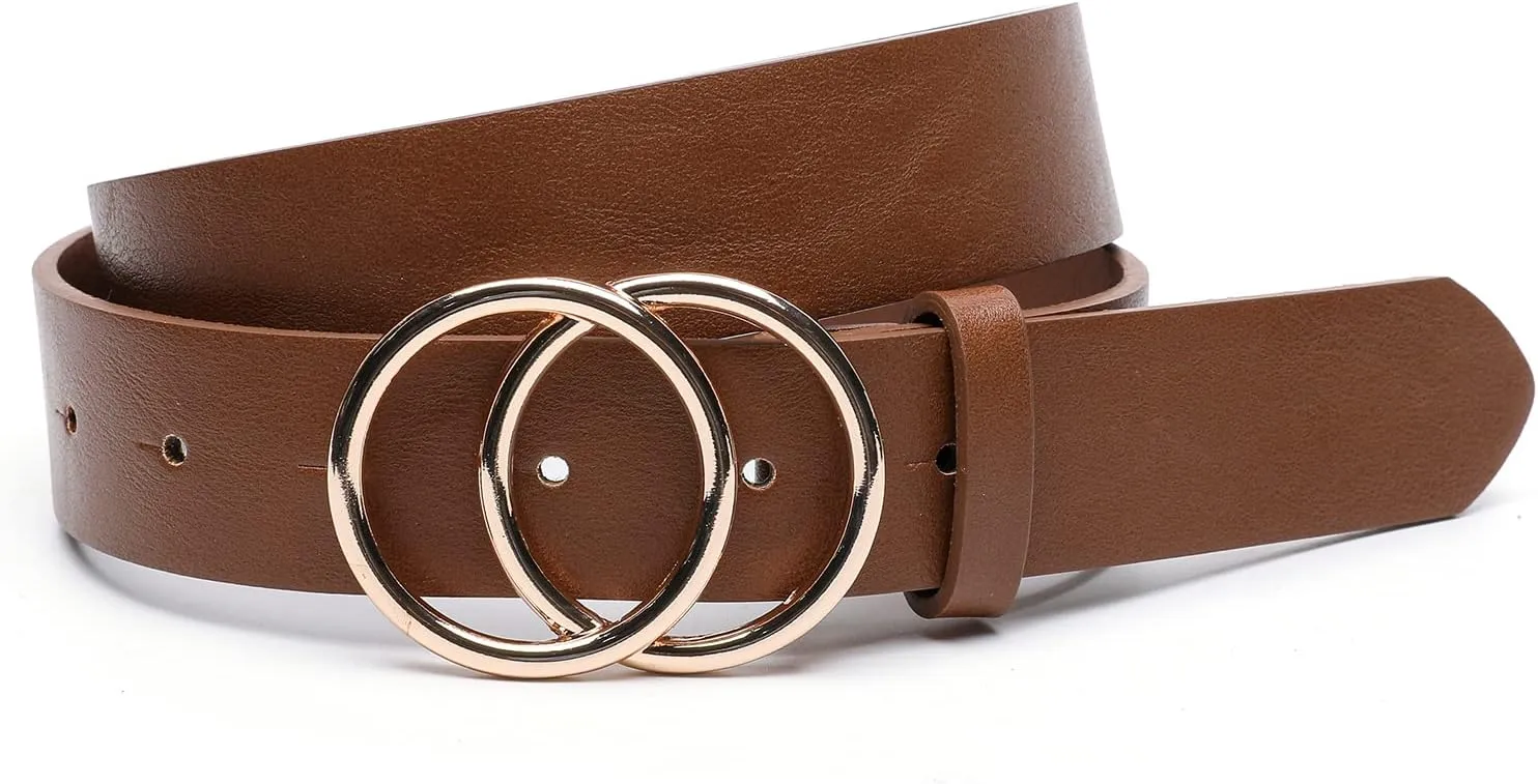 Women Faux Leather Belt for Jeans Dress Waist Belts with Gold Ring Buckle