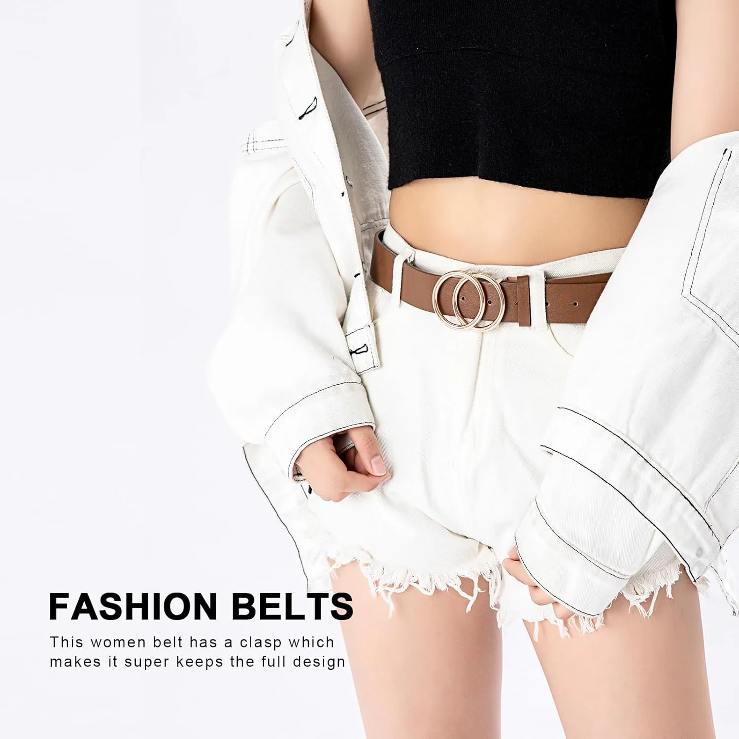 Women Faux Leather Belt for Jeans Dress Waist Belts with Gold Ring Buckle