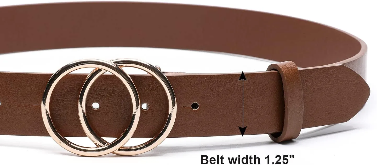 Women Faux Leather Belt for Jeans Dress Waist Belts with Gold Ring Buckle