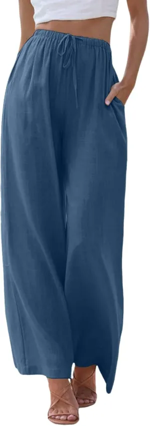 Women High Waisted Wide Leg Pants Drawstring Elastic Trousers Comfy Straight Leg Long Pants with Pockets
