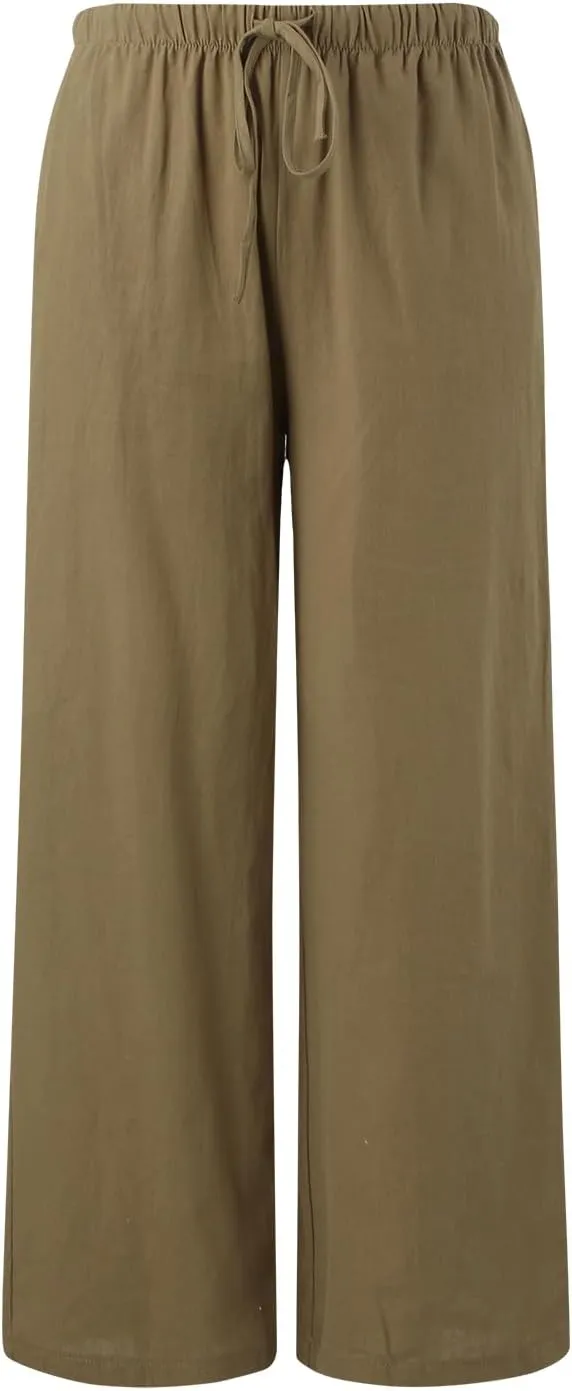 Women High Waisted Wide Leg Pants Drawstring Elastic Trousers Comfy Straight Leg Long Pants with Pockets