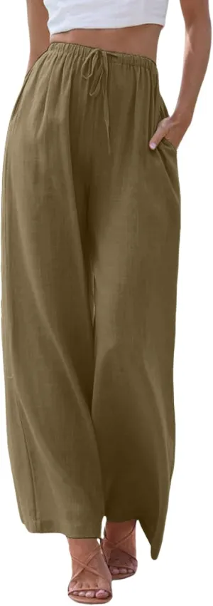 Women High Waisted Wide Leg Pants Drawstring Elastic Trousers Comfy Straight Leg Long Pants with Pockets