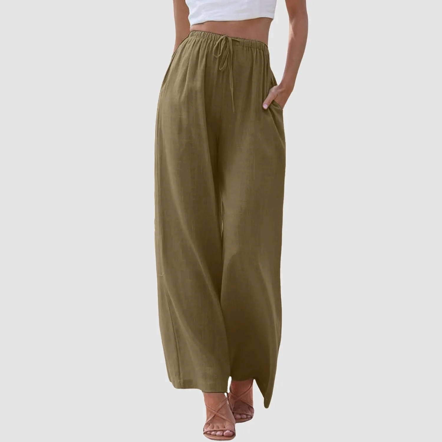 Women High Waisted Wide Leg Pants Drawstring Elastic Trousers Comfy Straight Leg Long Pants with Pockets