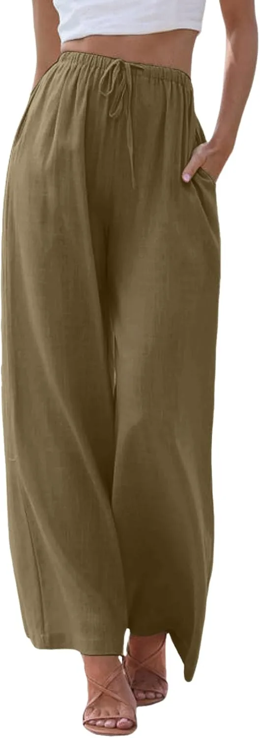 Women High Waisted Wide Leg Pants Drawstring Elastic Trousers Comfy Straight Leg Long Pants with Pockets