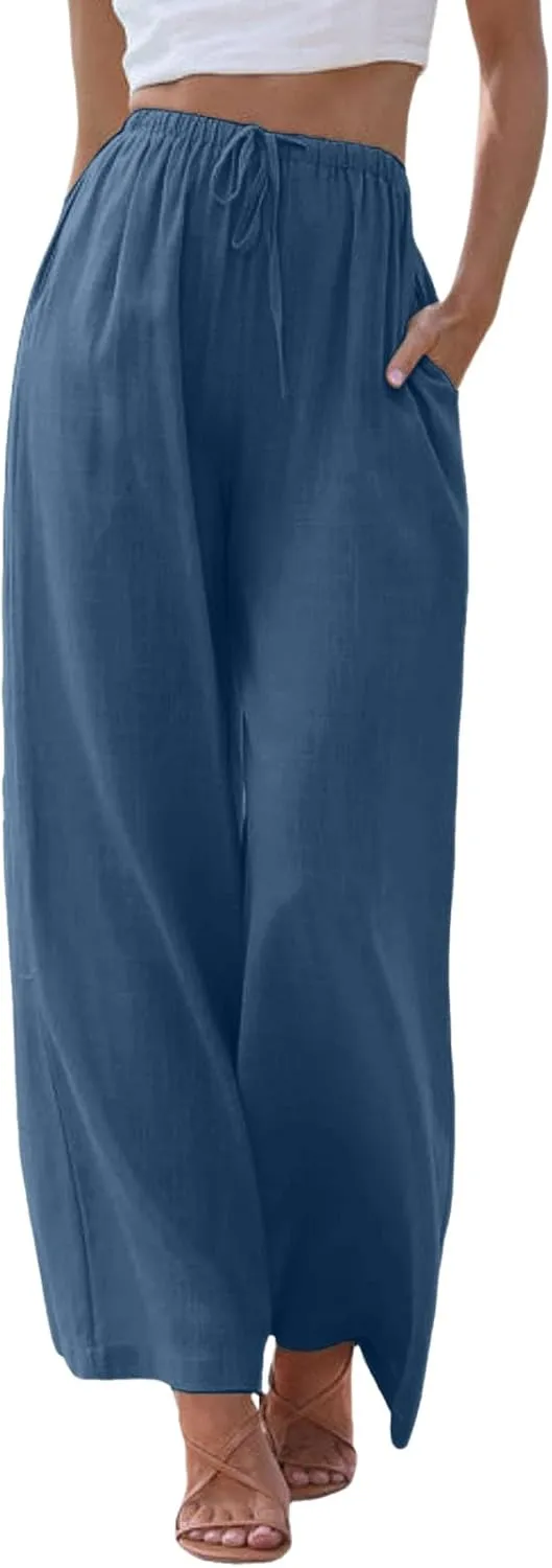 Women High Waisted Wide Leg Pants Drawstring Elastic Trousers Comfy Straight Leg Long Pants with Pockets