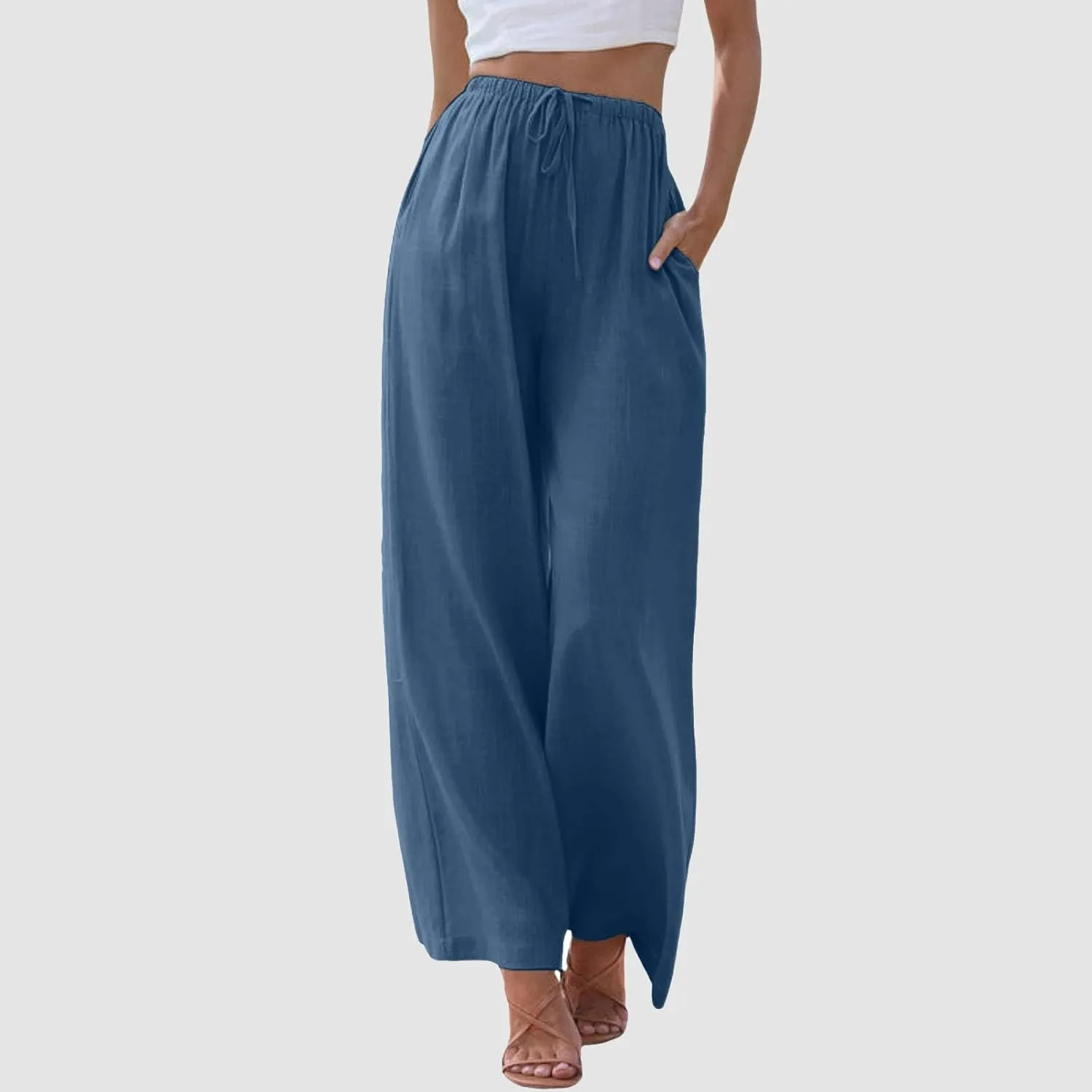 Women High Waisted Wide Leg Pants Drawstring Elastic Trousers Comfy Straight Leg Long Pants with Pockets