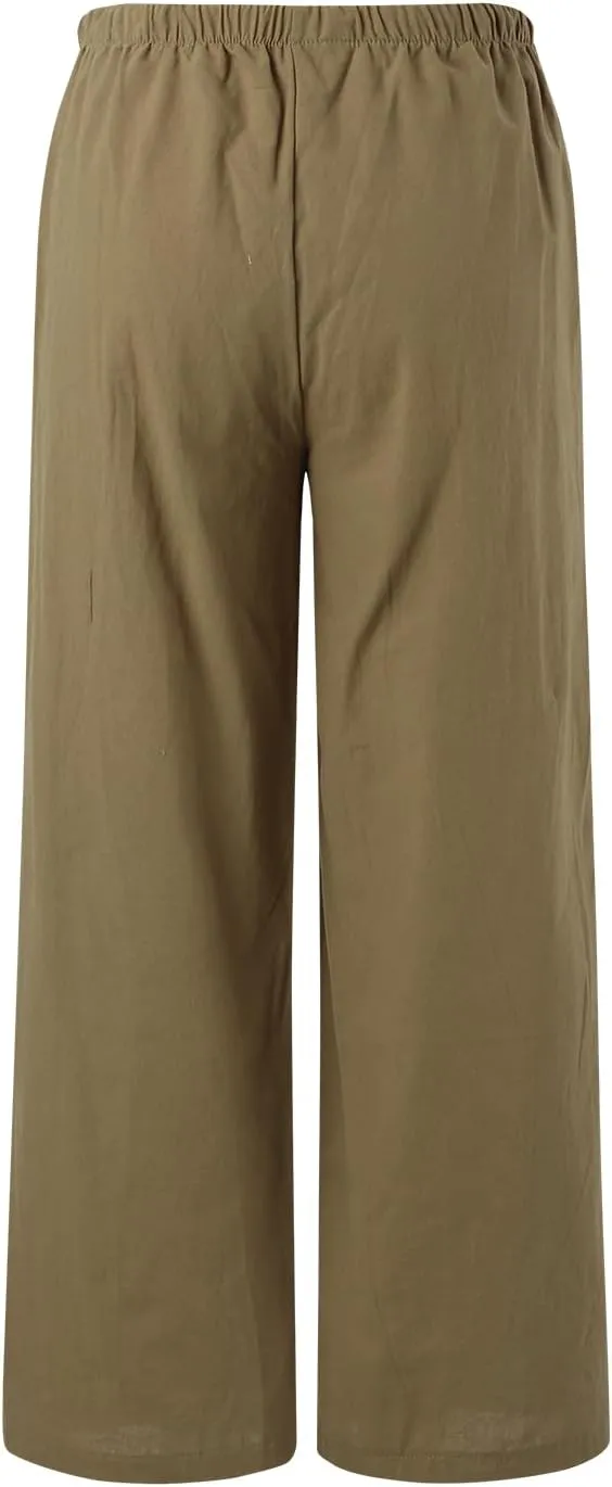 Women High Waisted Wide Leg Pants Drawstring Elastic Trousers Comfy Straight Leg Long Pants with Pockets