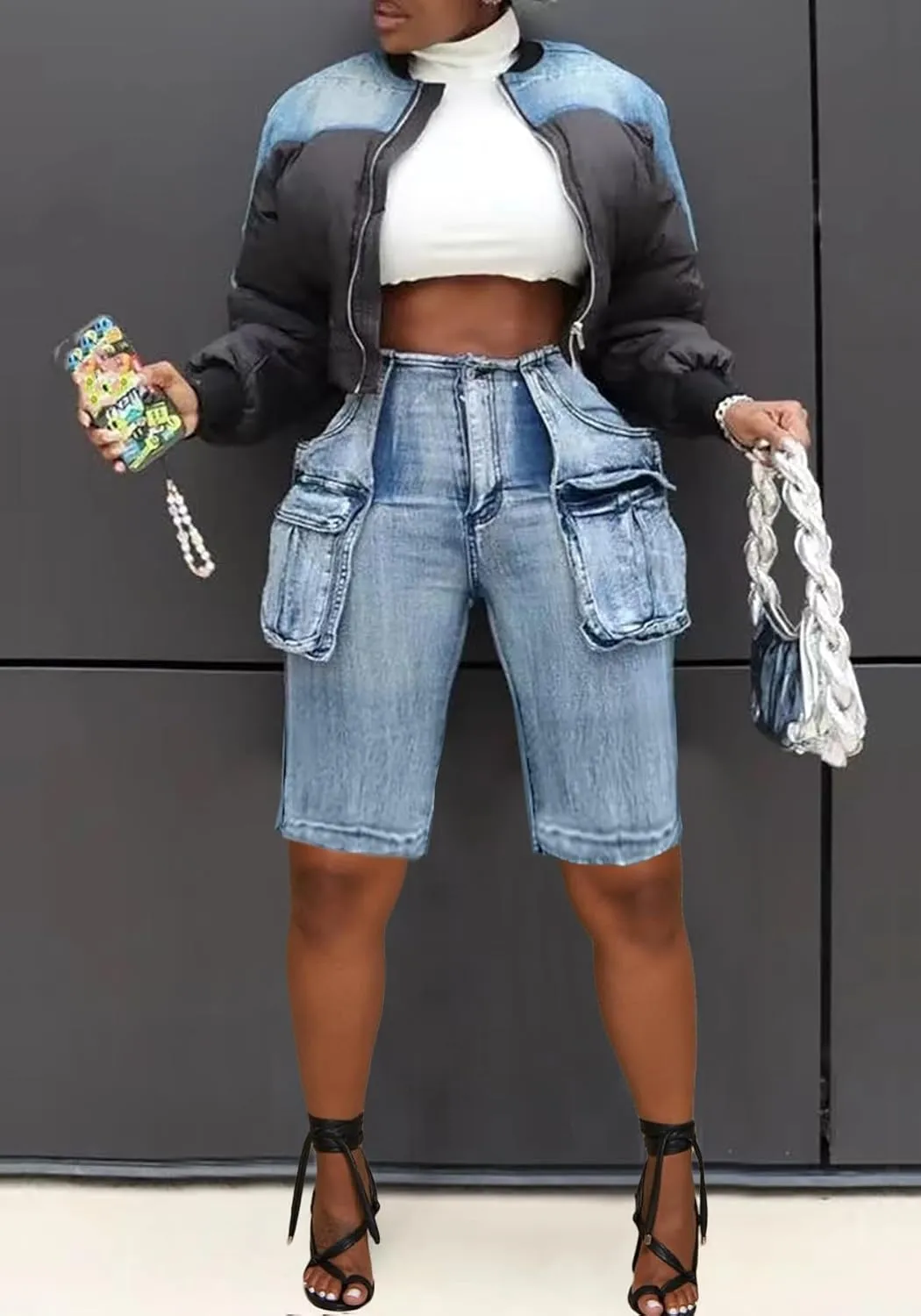 Women Knee Length Denim Shorts Casual High Waisted Jean Shorts Cargo Bermuda Jorts with Pockets Summer Shorts