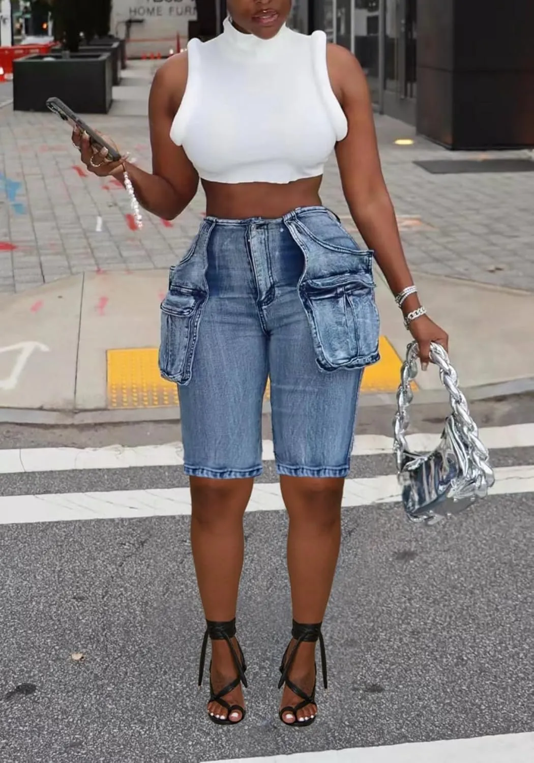 Women Knee Length Denim Shorts Casual High Waisted Jean Shorts Cargo Bermuda Jorts with Pockets Summer Shorts