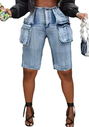 Women Knee Length Denim Shorts Casual High Waisted Jean Shorts Cargo Bermuda Jorts with Pockets Summer Shorts
