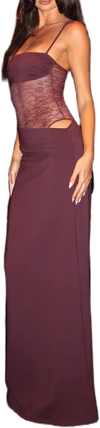 Women Spaghetti Strap Slip Maxi Dress Tie Shoulder Lace Bustier Bodycon Dress Side Cutout Beach Party Long Dress